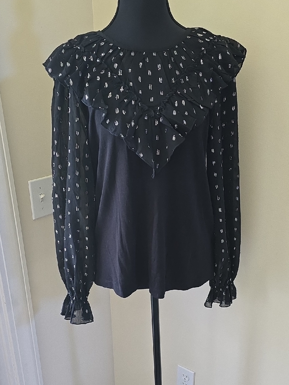 LOFT Black Ruffle Yoke Blouse with Patterned Sleeves